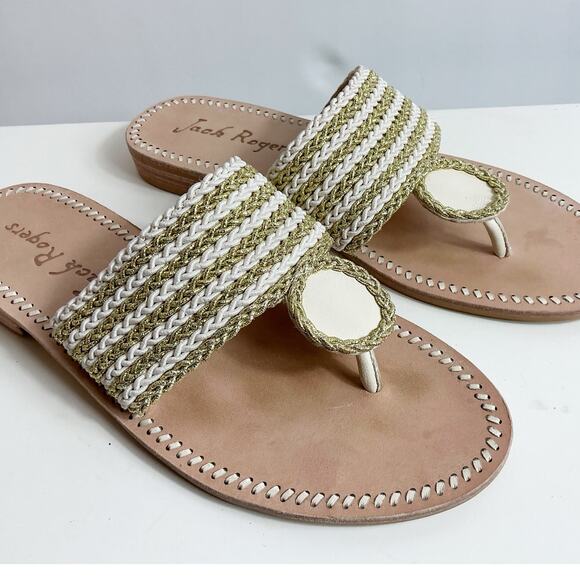 Jack Rogers Womens Jacks Rope Slip On Sandal sLeather Sole Gold Ivory 8 - Picture 2 of 6